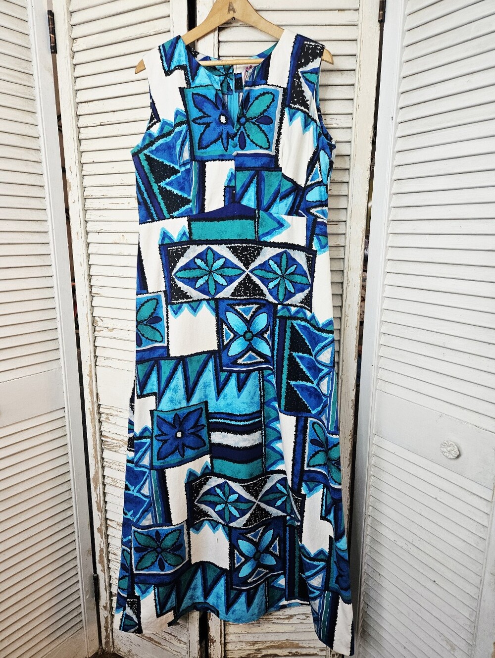 Vintage 70s Psychadelic Hawaiian Maxi Dress Blue And White Cotton Small/Medium